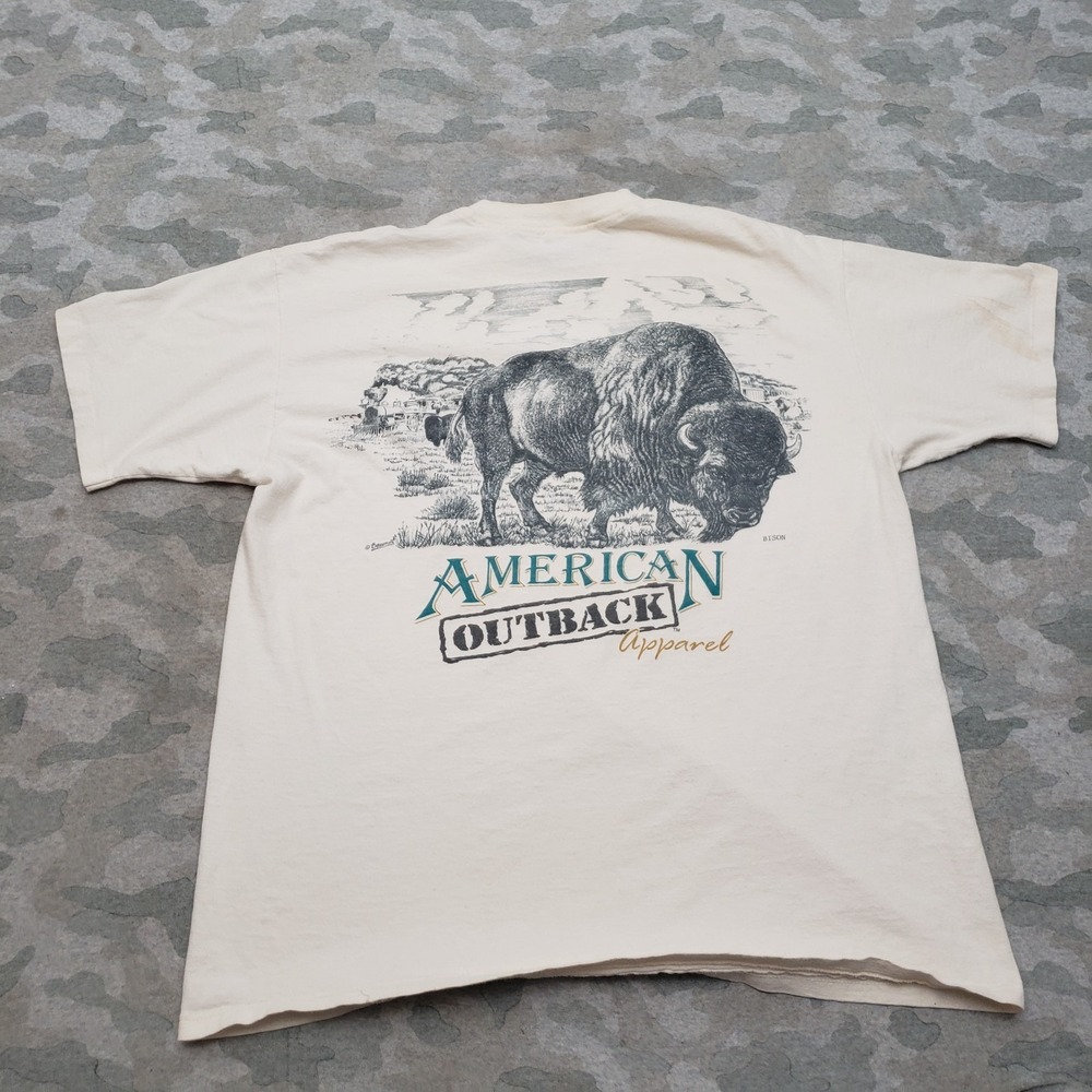 VTG American Outback Nature Shirt Mens Large Beige Bison Short Sleeve